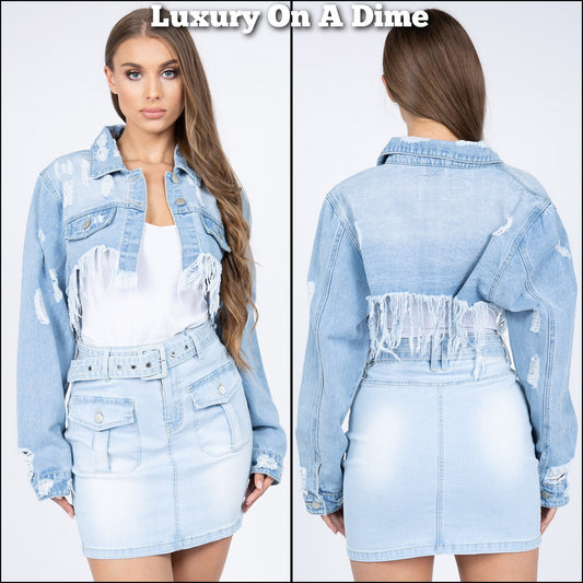 American Bazi Ultra Cropped Distressed Frayed Cut-Off Denim Button-Up Jean Jacket