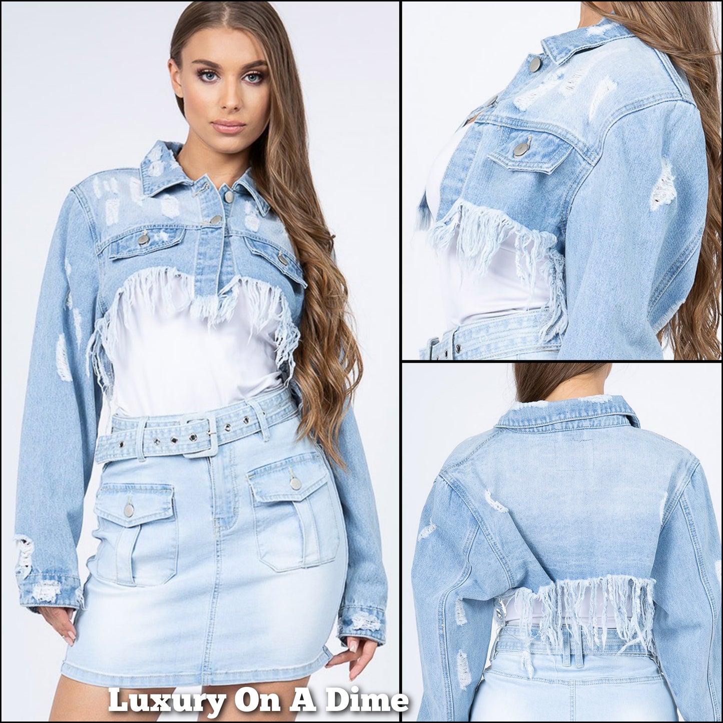 American Bazi Ultra Cropped Distressed Frayed Cut-Off Denim Button-Up Jean Jacket