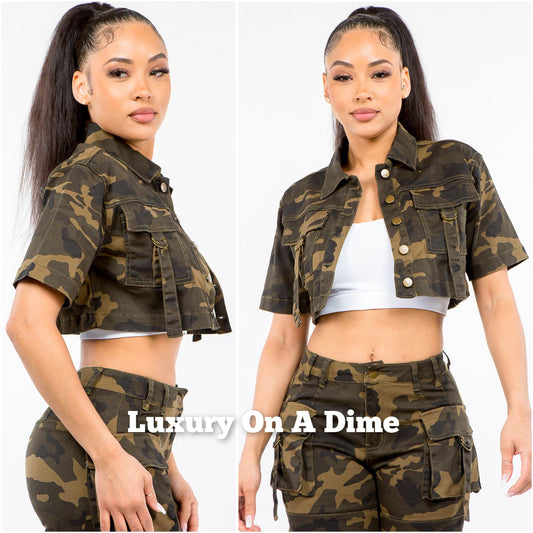 American Bazi Cropped Combat Camo Denim Short Sleeve Button Jean Jacket