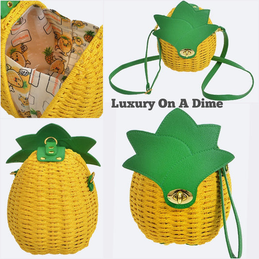 Pineapple Purse Woven Basket Convertible Clutch Crossbody Fruit Novelty Bag Vegan Fun Eclectic