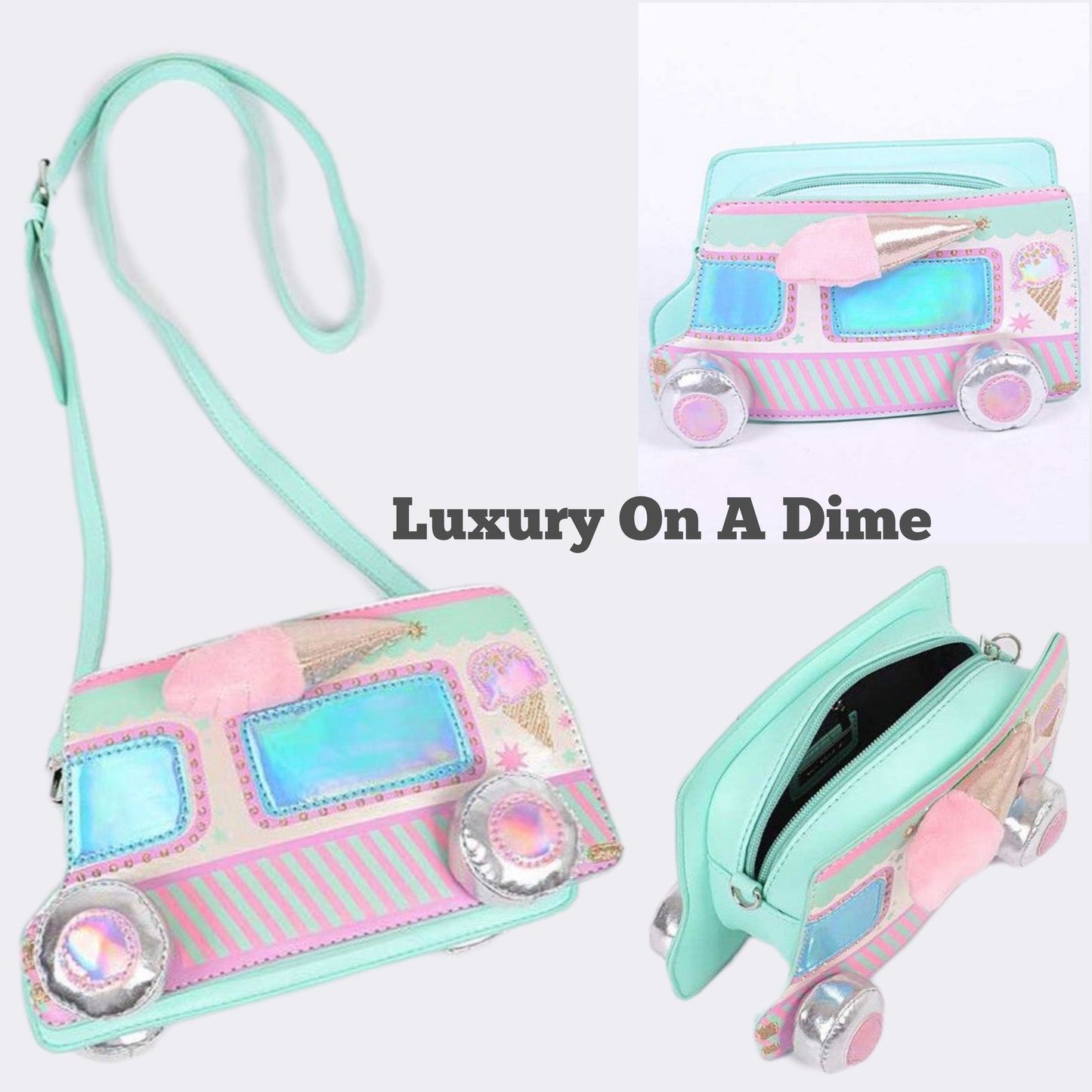 Iridescent 3D Ice-cream Truck Purse Convertible Crossbody Shoulder Novelty Bag Clutch Vegan Fun Eclectic