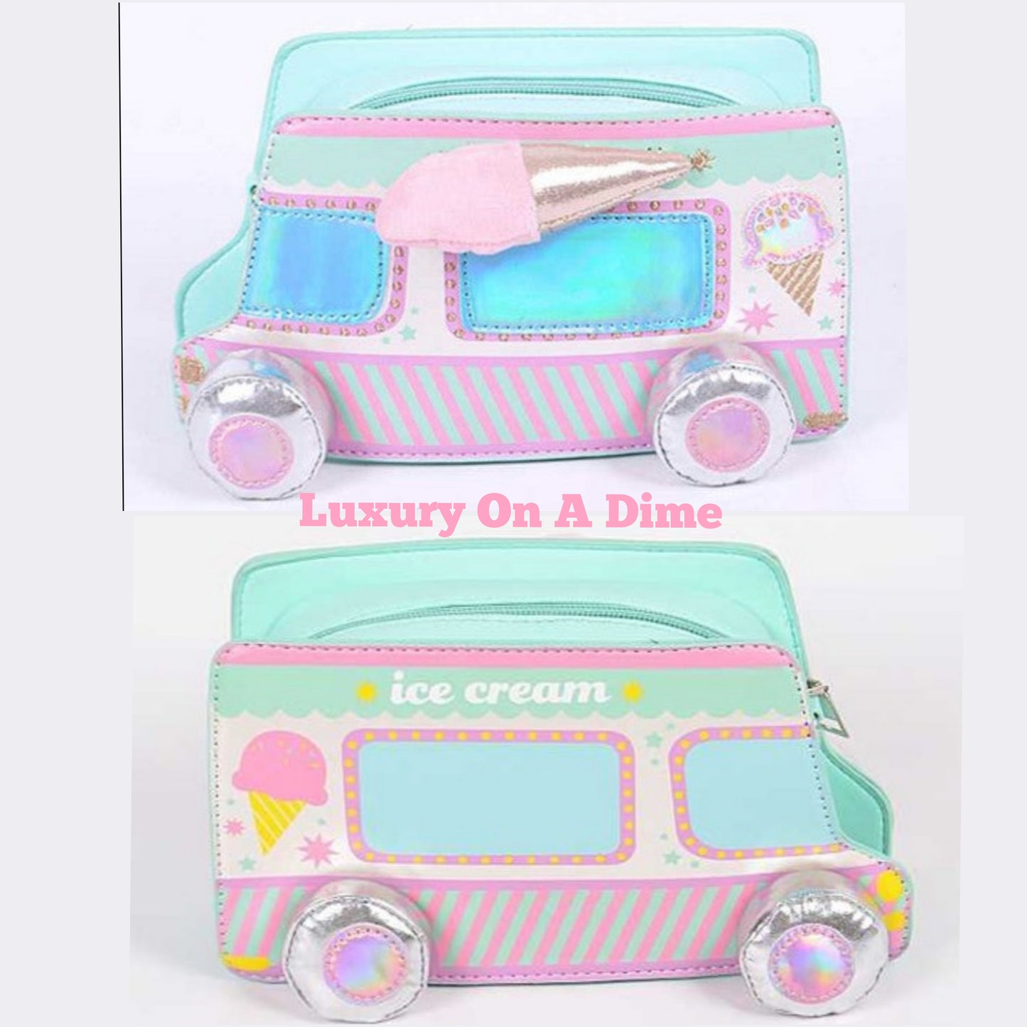 Iridescent 3D Ice-cream Truck Purse Convertible Crossbody Shoulder Novelty Bag Clutch Vegan Fun Eclectic