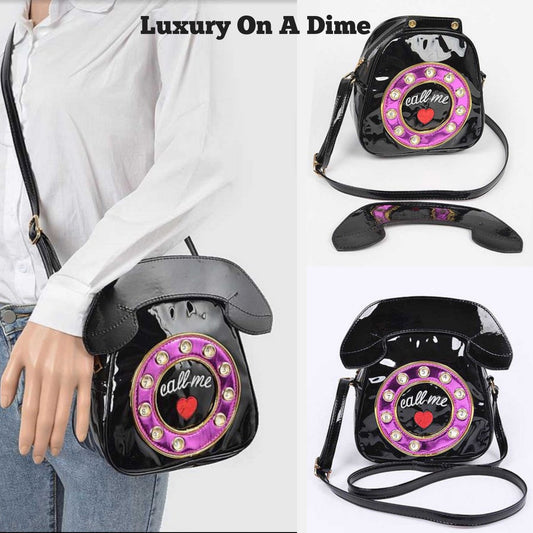 Retro Vintage Purse Rotary Phone Novelty Bag Crossbody Shoulder Vegan Patent Leather Fun Eclectic