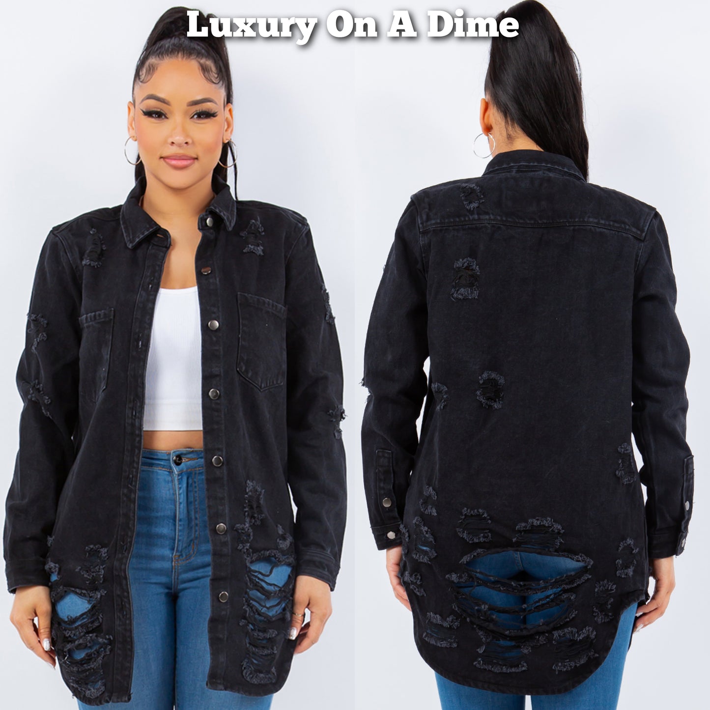 American Bazi Torn Distressed Hole Oversized Shacket Cotton Denim Jean Jacket