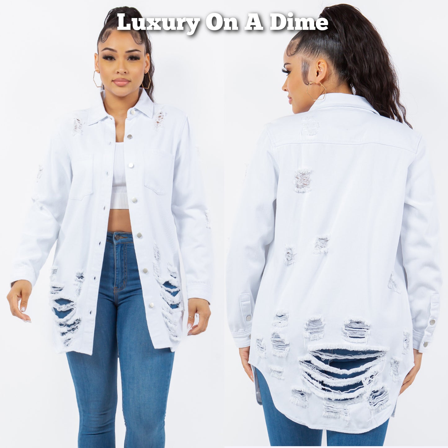 American Bazi Torn Distressed Hole Oversized Shacket Cotton Denim Jean Jacket White