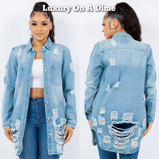 American Bazi Torn Distressed Hole Oversized Shacket Cotton Denim Jean Jacket Light Blue