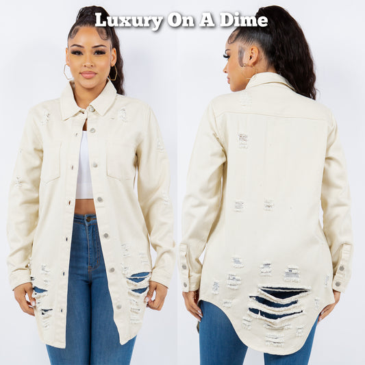 American Bazi Torn Distressed Hole Oversized Shacket Cotton Denim Jean Jacket Bone Ivory