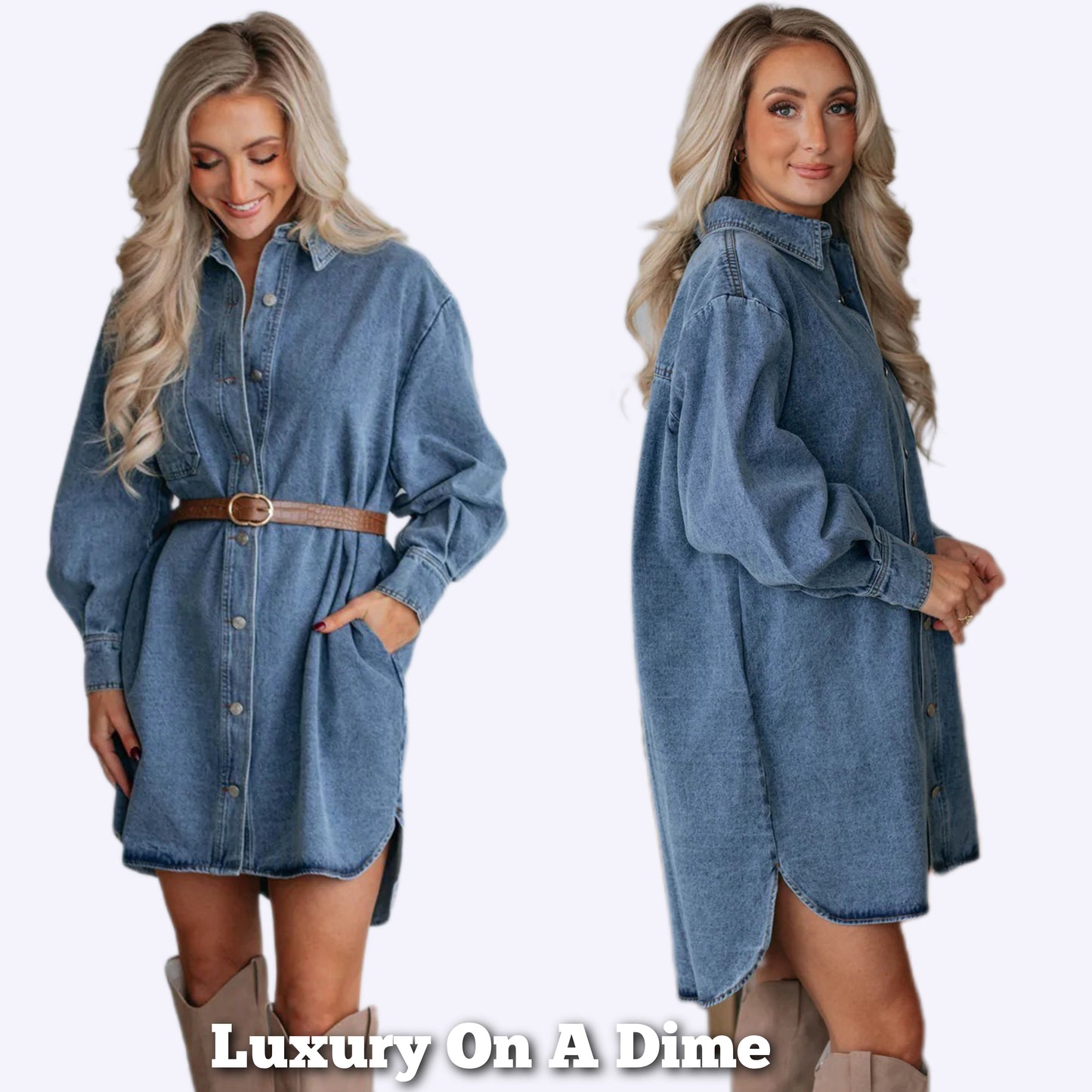 Oversized Denim Boyfriend Pocket Jean Collar Shirt Dress Long Sleeve Button High-Low