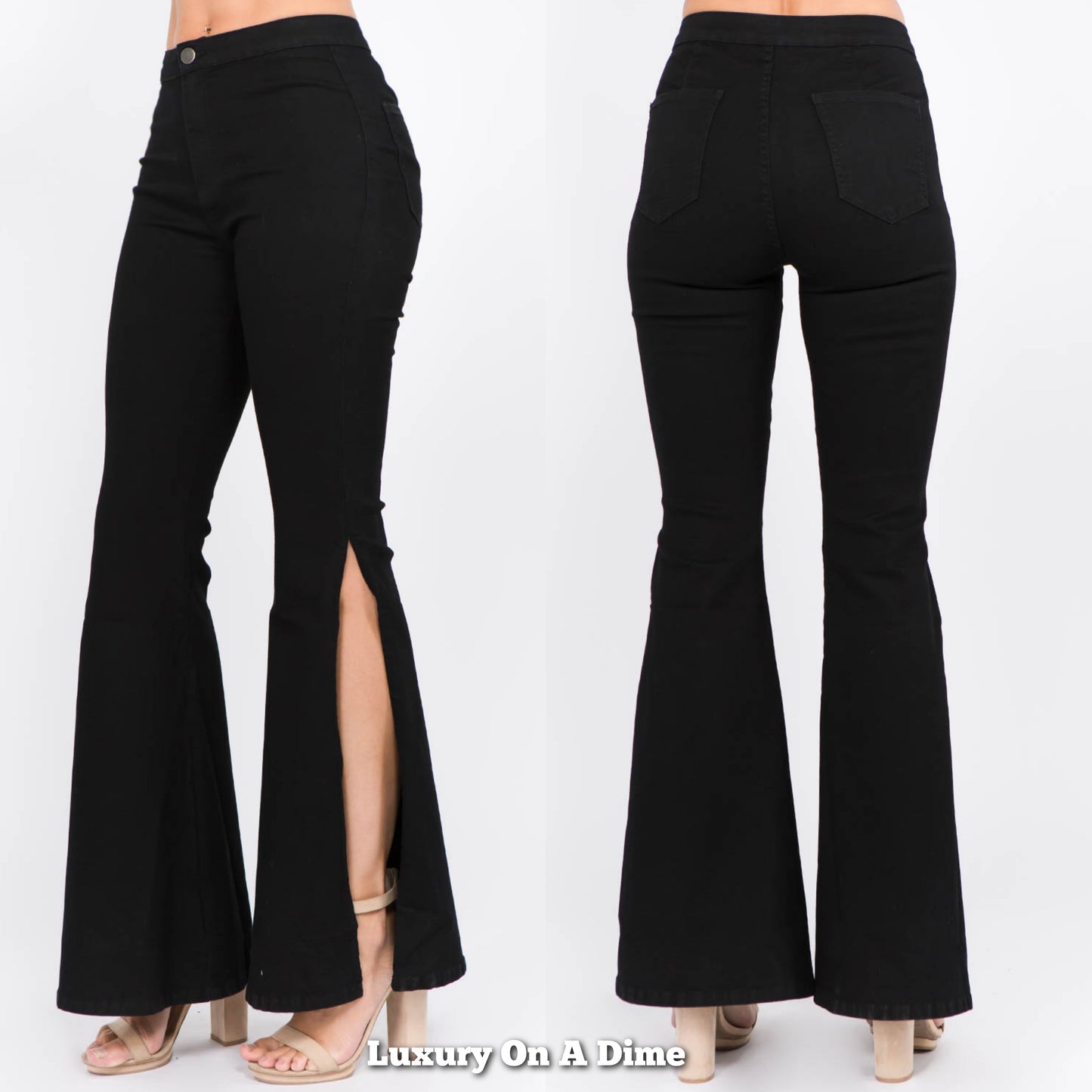 American Bazi High-Rise Split Bell Bottom High Slit Flare Denim Retro Black Jean Pants