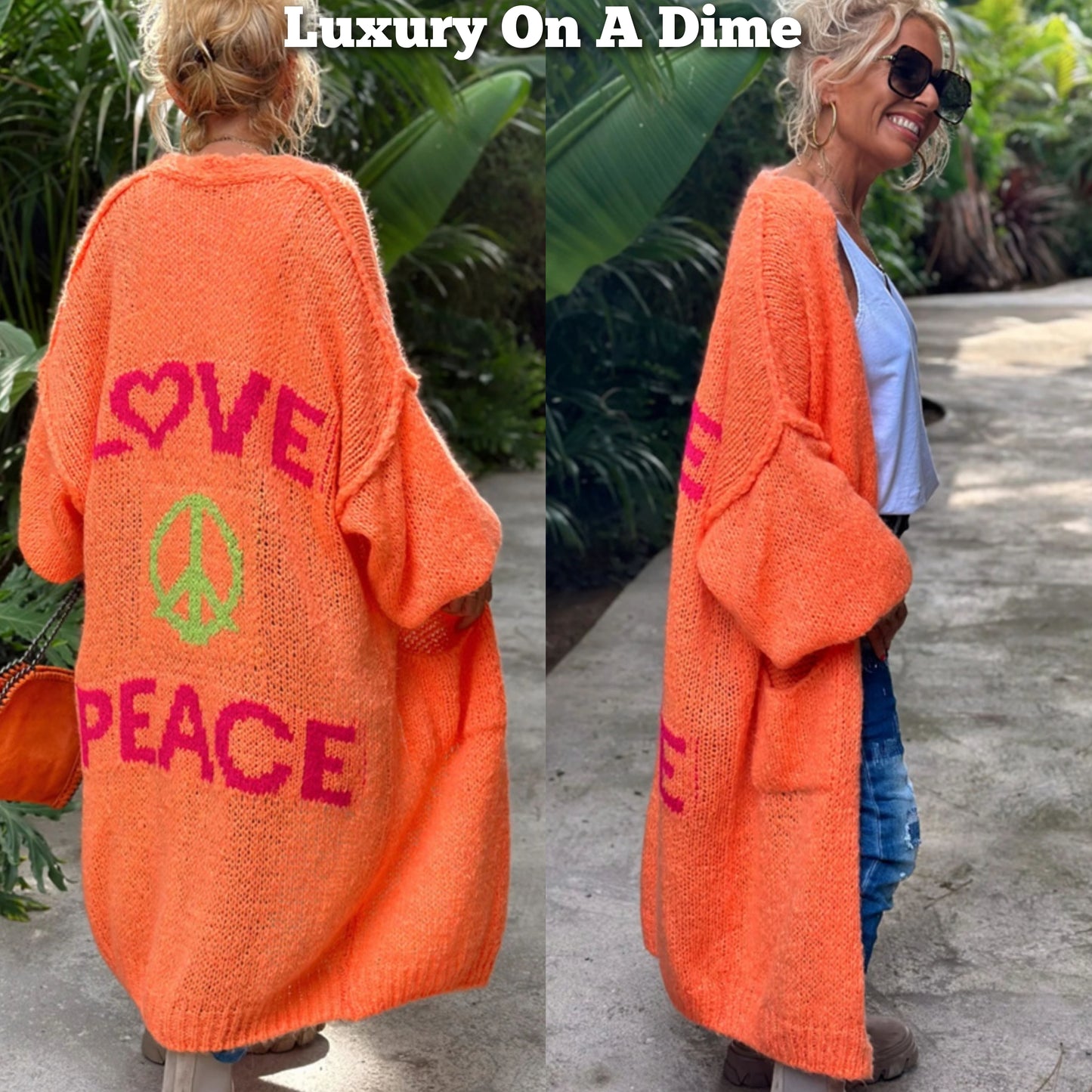 LOVE PEACE Oversized Knit Exposed Seam Longline Patch Pocket Duster Long Cardigan