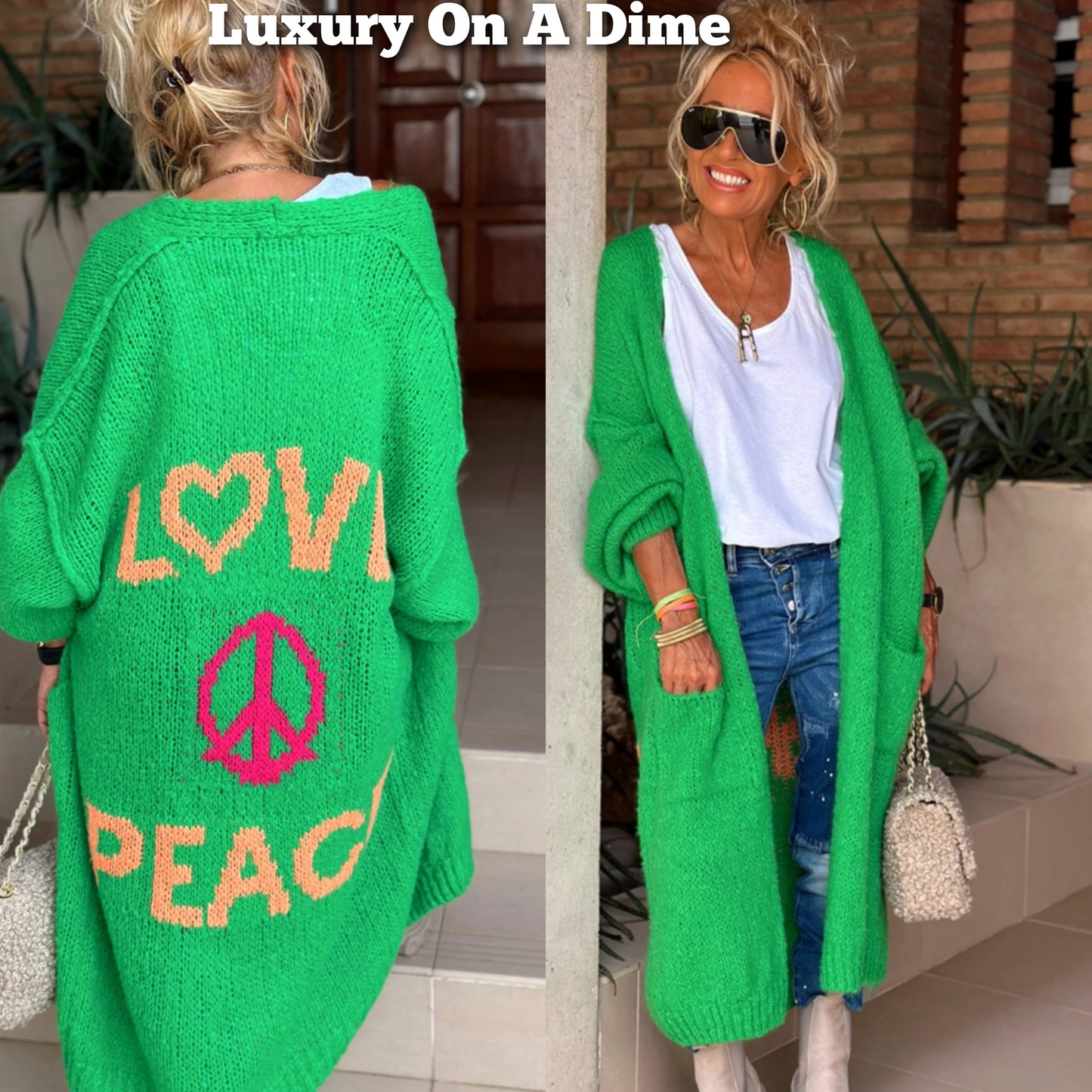 LOVE PEACE Oversized Knit Exposed Seam Longline Patch Pocket Duster Long Cardigan