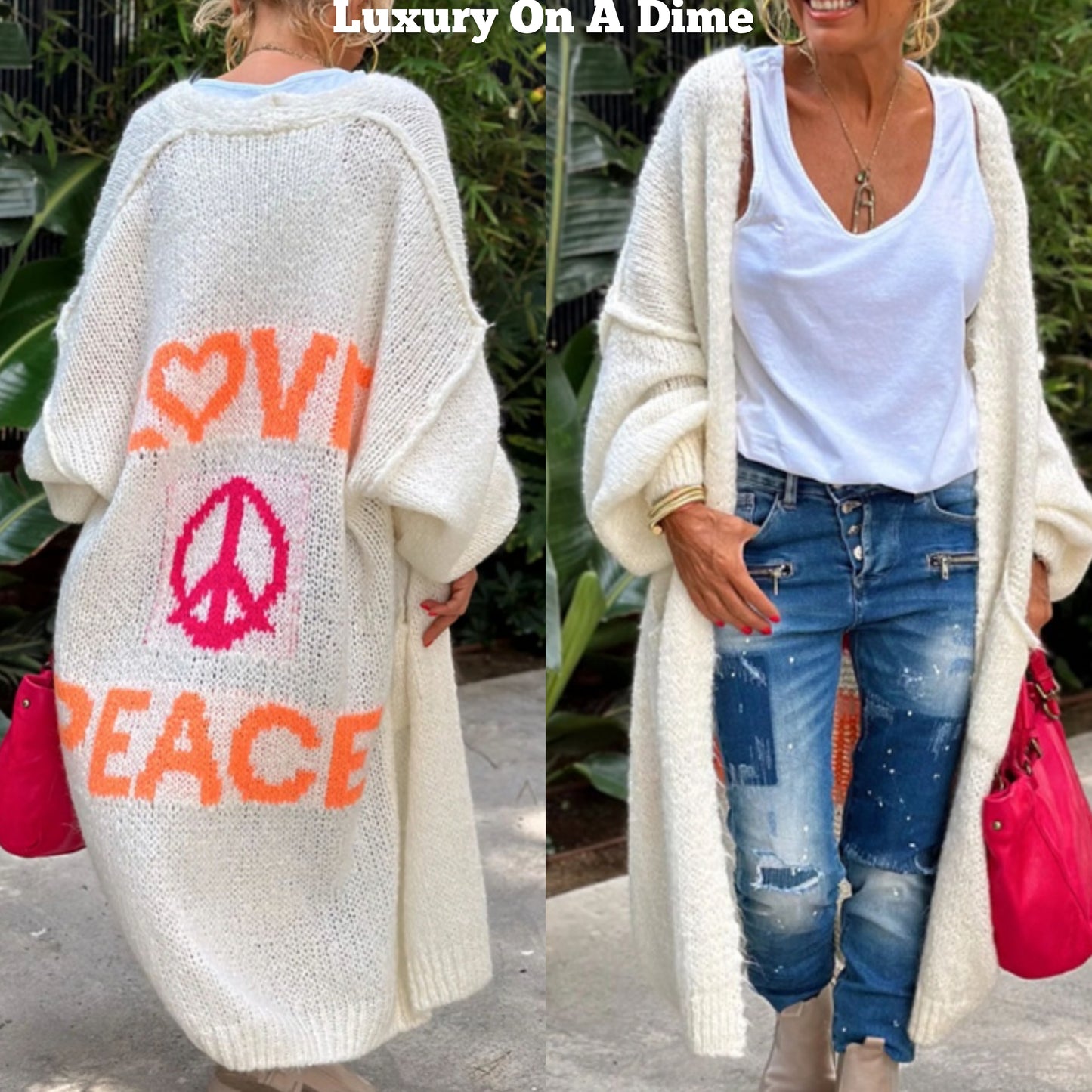 LOVE PEACE Oversized Knit Exposed Seam Longline Patch Pocket Duster Long Cardigan