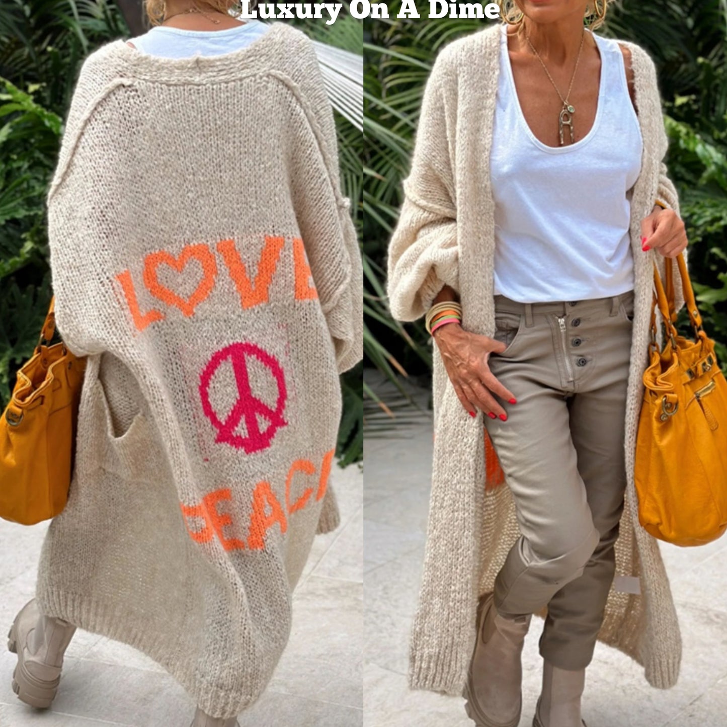 LOVE PEACE Oversized Knit Exposed Seam Longline Patch Pocket Duster Long Cardigan