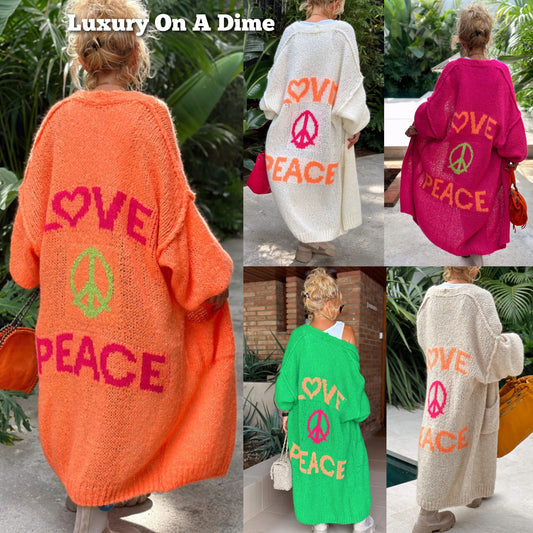 LOVE PEACE Oversized Knit Exposed Seam Longline Patch Pocket Duster Long Cardigan