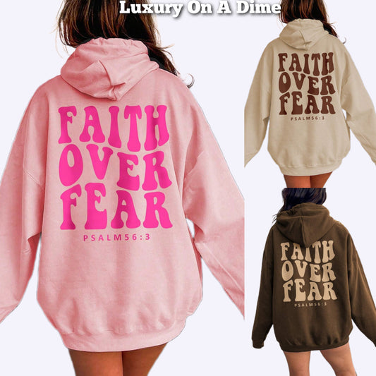 FAITH Over FEAR Hoodie Long Sleeve Religious Psalm Verse Pullover Sweatshirt Top