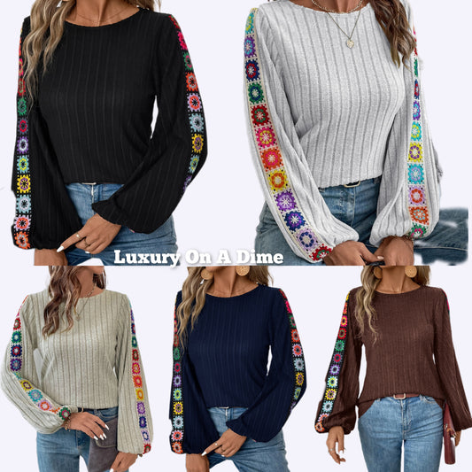 Colorful Embroidered Blouse Bohemian Long Sleeve Ribbed Shirt Round Neck Retro Hippie Top