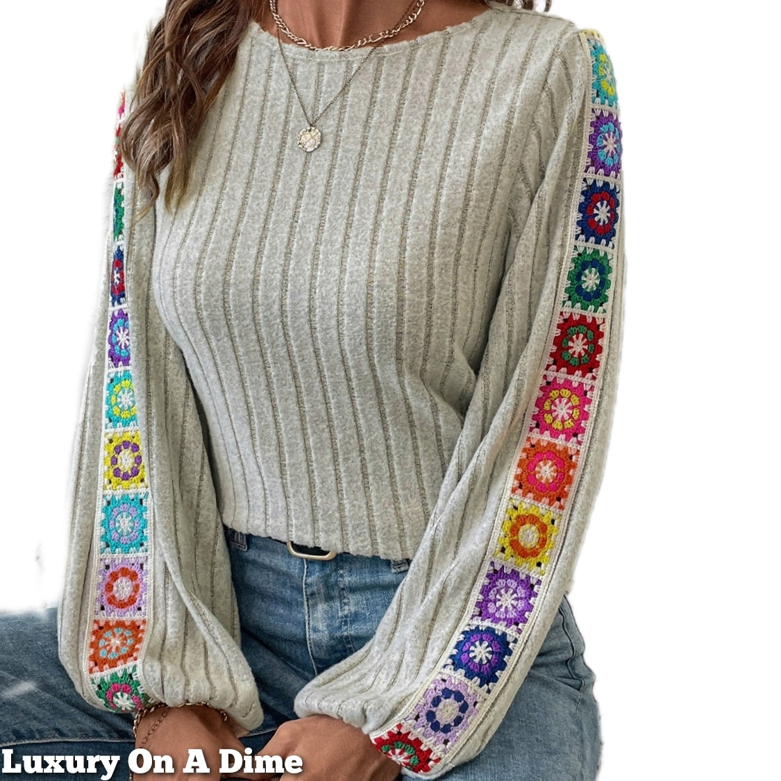 Colorful Embroidered Blouse Bohemian Long Sleeve Ribbed Shirt Round Neck Retro Hippie Top