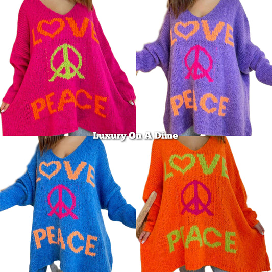 LOVE PEACE Oversized Colorful Knit Top Long-Sleeve Pullover Baggy Sweater Shirt