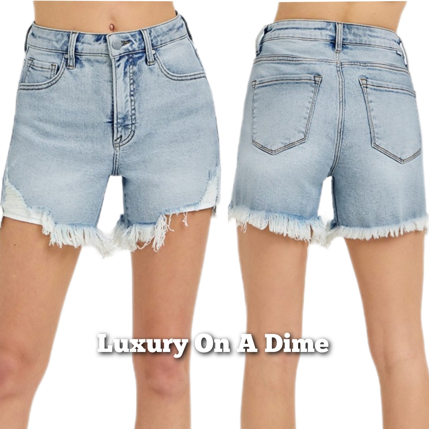 RISEN High Rise Waist Distressed Denim Cut-off Frayed Mid-length Step Blue Jean Shorts