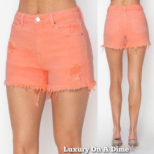 RISEN High Rise Waist Distressed Torn Denim Cut-off Frayed Mid-length Pink Jean Shorts