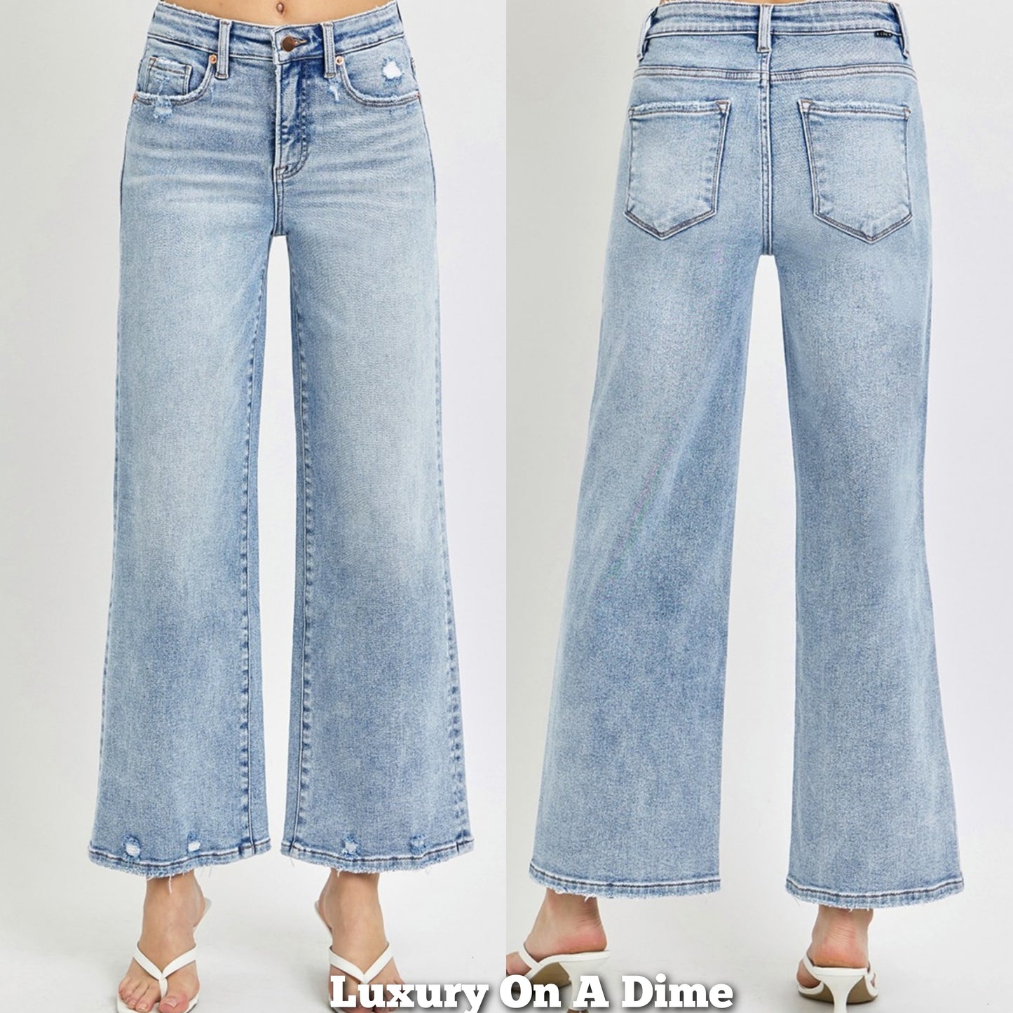 RISEN High-Rise Wide Leg Tummy Control Pants Distressed Cropped Boyfriend Denim Jeans