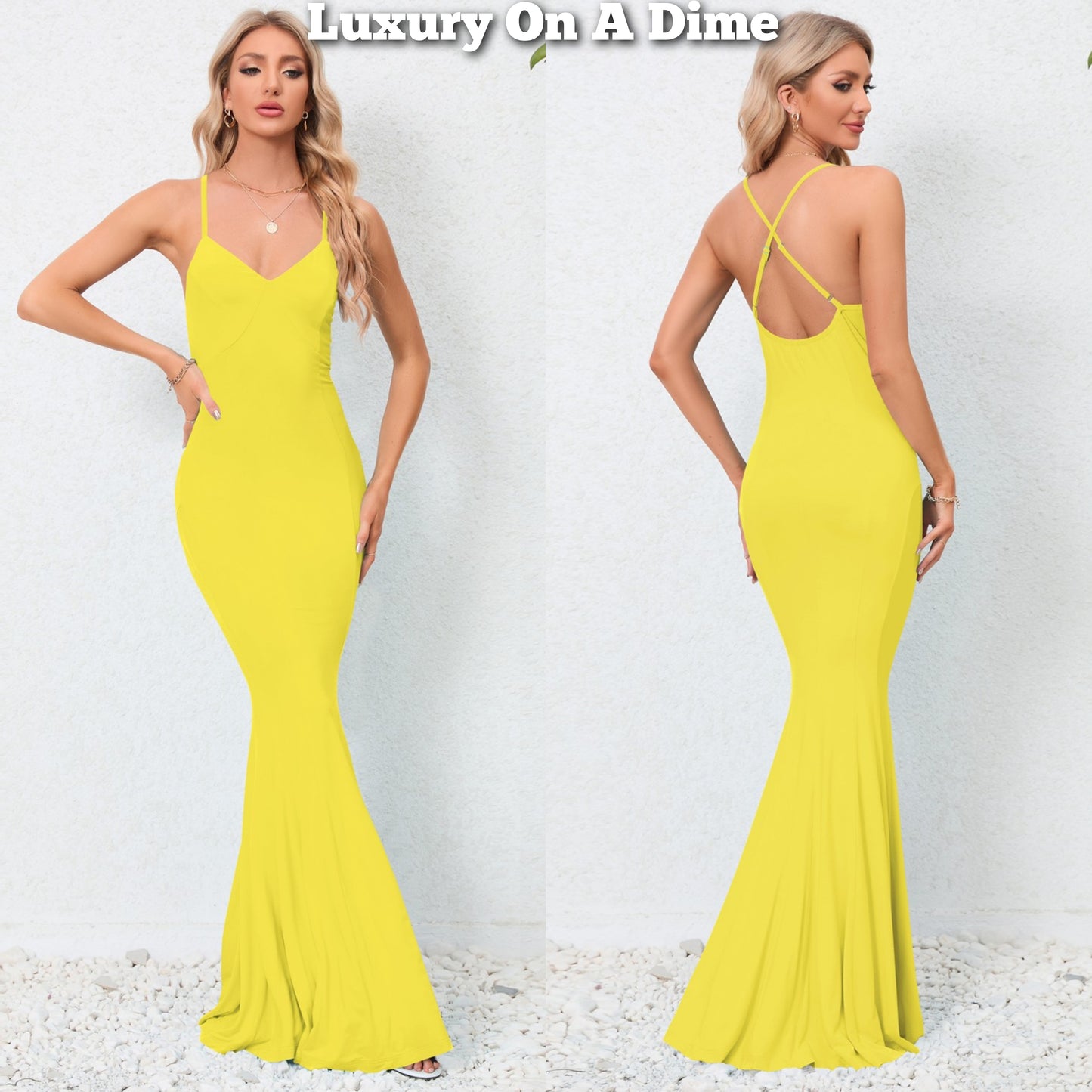 Elegant Spaghetti Open Cross Back Maxi Mermaid Fishtail Formal Long Party Dress