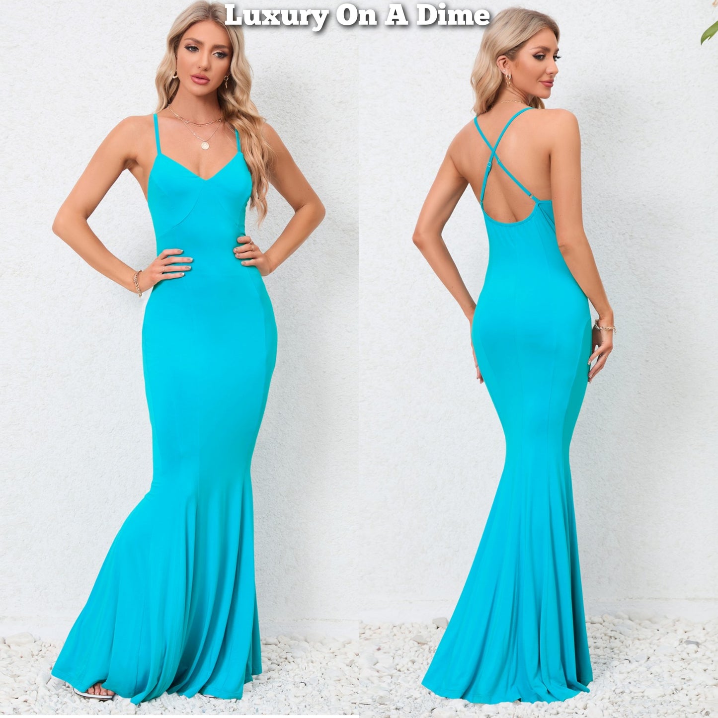 Elegant Spaghetti Open Cross Back Maxi Mermaid Fishtail Formal Long Party Dress