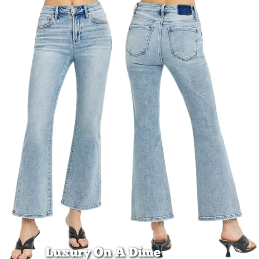 RISEN High-Rise Waist Slim Pants Wide Ankle Flare Hem Retro Denim Blue Jeans