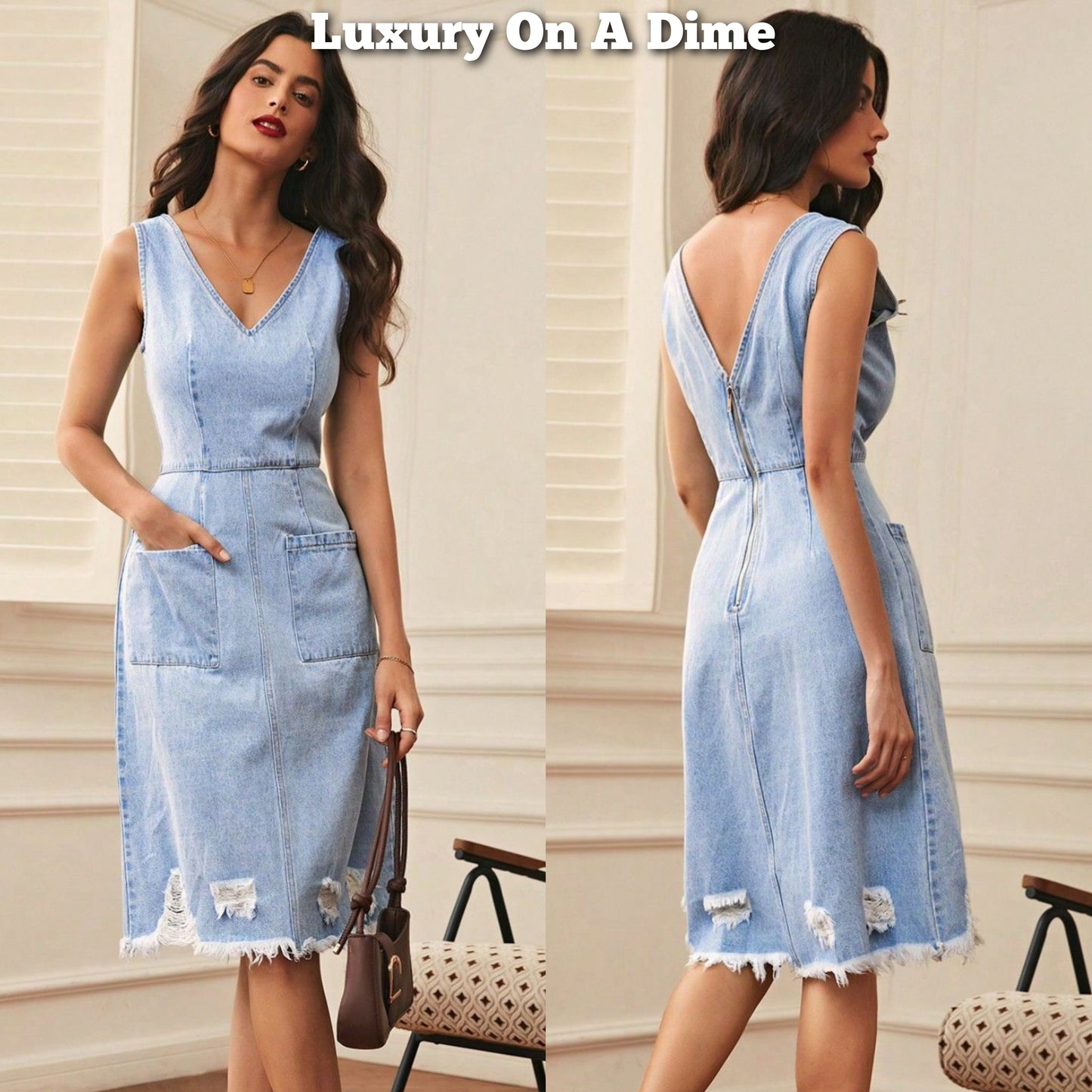 Retro Denim Patch Pocket Sleeveless Blue Jean Distressed Raw Hem Knee-Length Dress