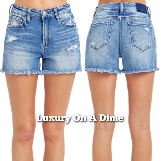 RISEN Frayed High Rise Waist Distressed Cut-off Denim Mid-length Blue Jean Shorts