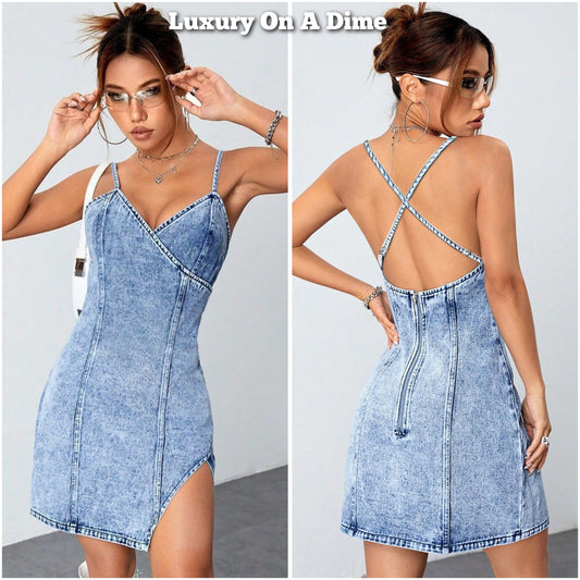 Retro Denim Mini Dress V-neck Sleeveless Open Cross Back Blue Jean Cutout High Slit