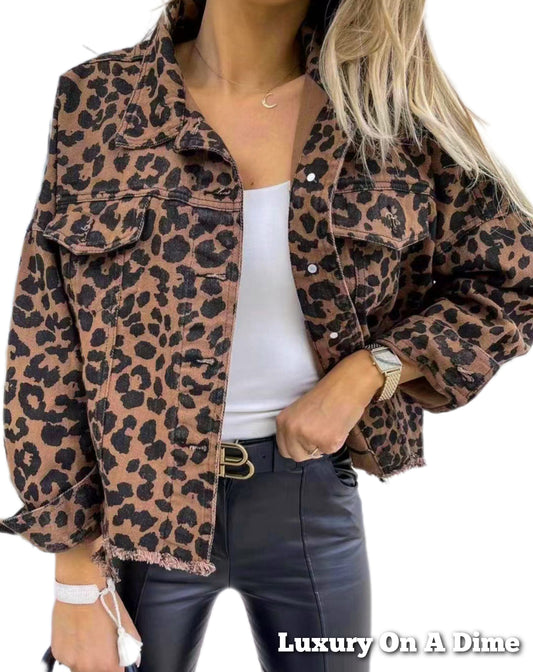 Leopard Animal Print Denim Jean Jacket Full Button Front Classic Collar Distressed Hem