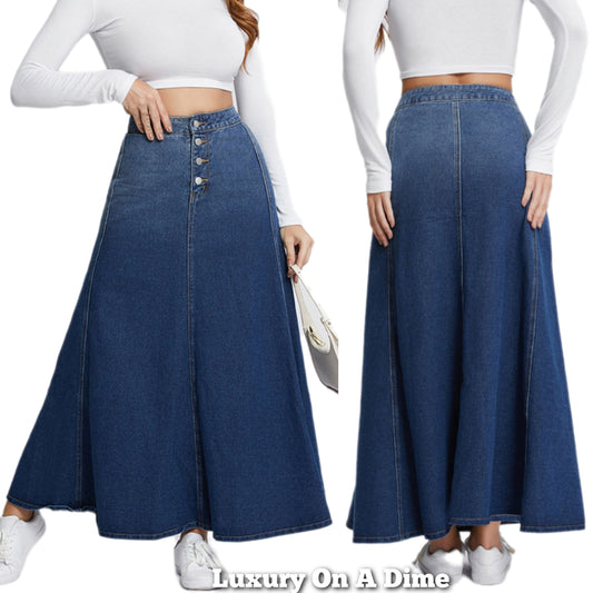 Retro High-Rise Button Fly Waist Flare A-line Ombre Blue Jean Denim Maxi Skirt