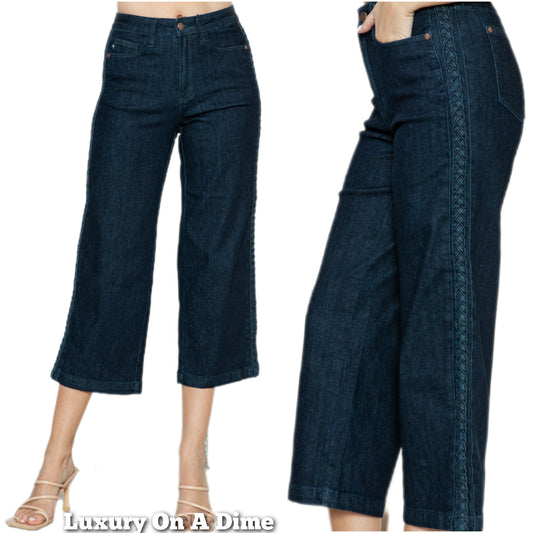 Judy Blue Braided High-Rise Wide Leg Cropped Hem Relaxed Boyfriend Denim Jean Pants