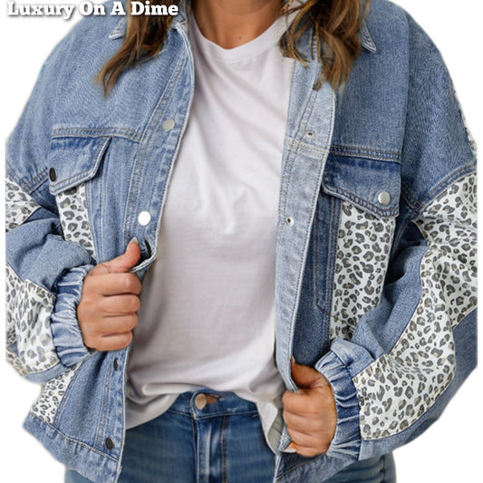 Leopard Print Patchwork Denim Long-sleeve Blue Jean Snap Jacket Plus Size