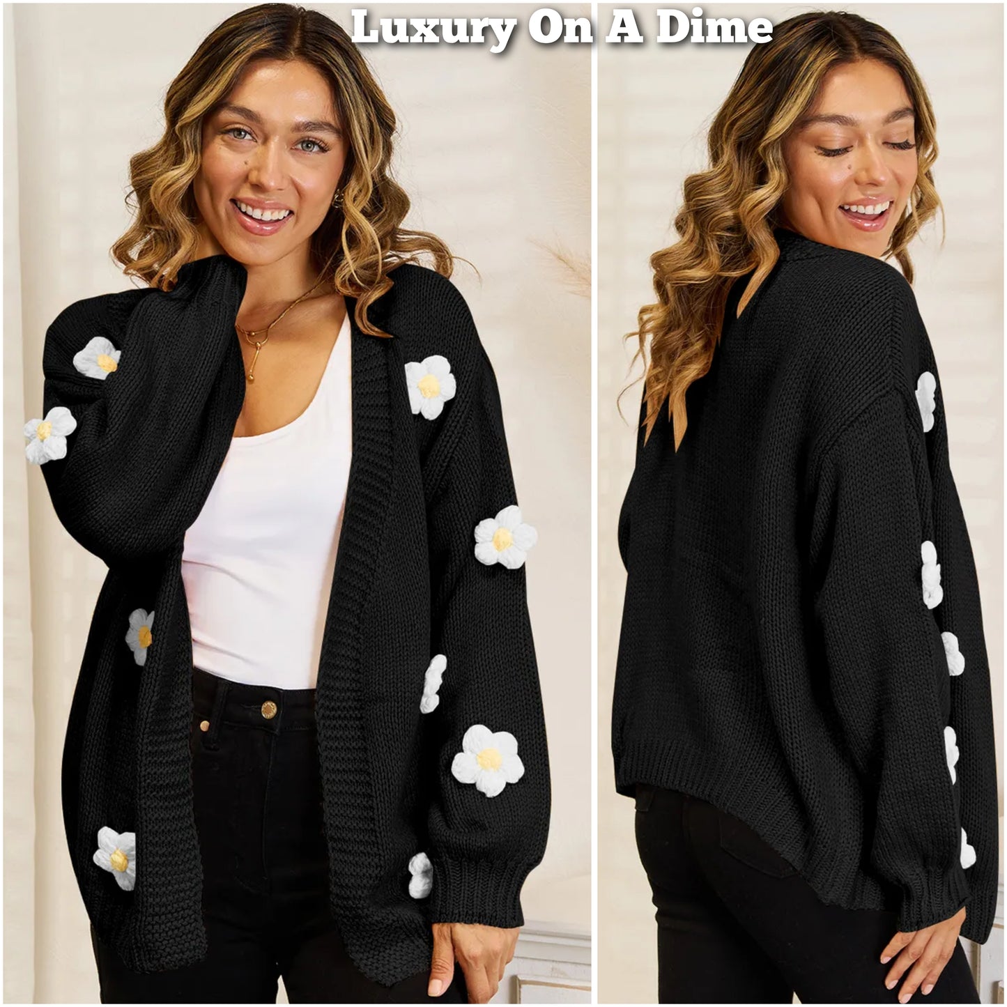 Contrasting 3D Crochet Flower Long Sleeve Open Front Oversized Knit Cardigan