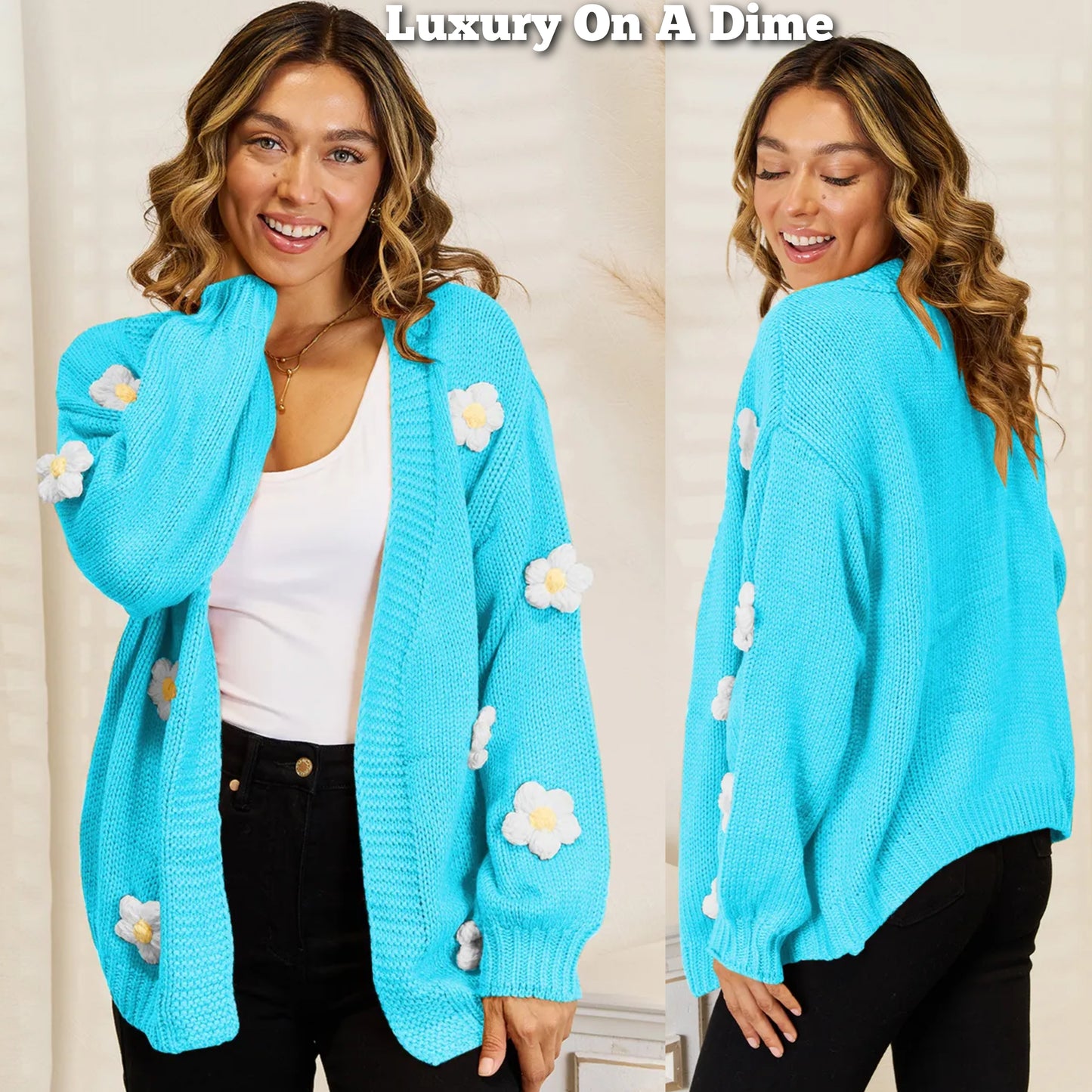 Contrasting 3D Crochet Flower Long Sleeve Open Front Oversized Knit Cardigan