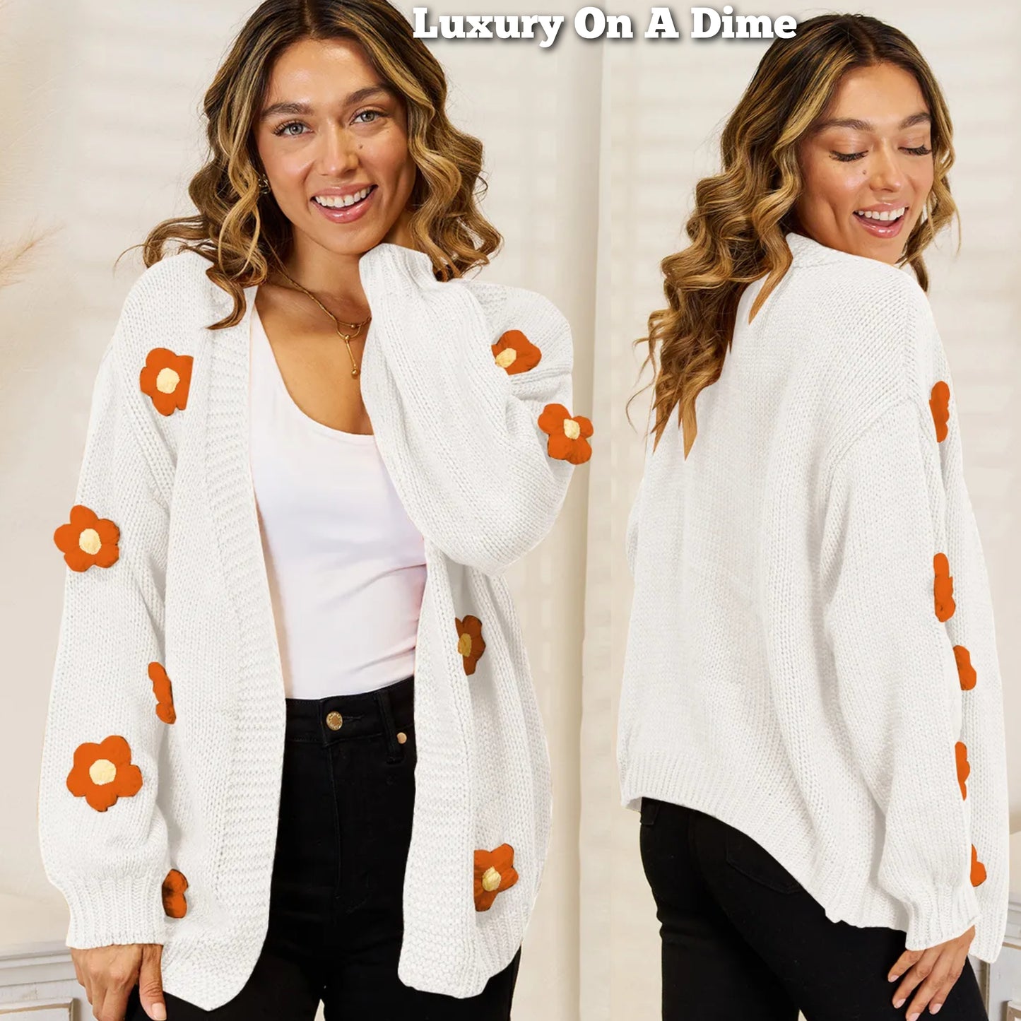 Contrasting 3D Crochet Flower Long Sleeve Open Front Oversized Knit Cardigan