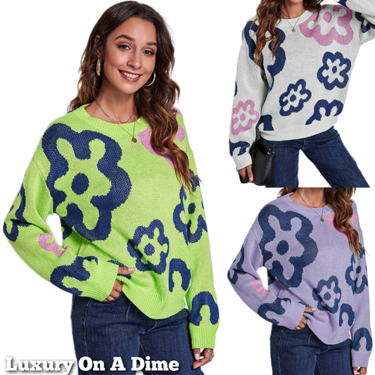 Funky Flower Knit Pullover Hippie Retro Daisy Long Sleeve Colorful Sweater Shirt