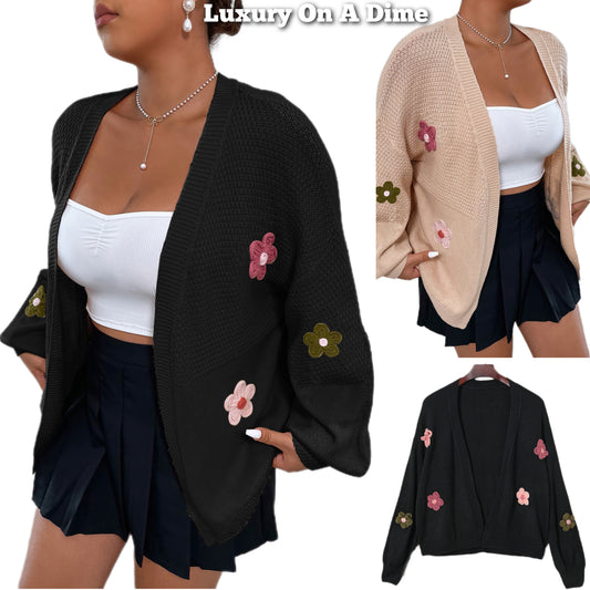 Oversized Crochet Daisy Flower Long Sleeve Open Front Waffle Knit Cardigan