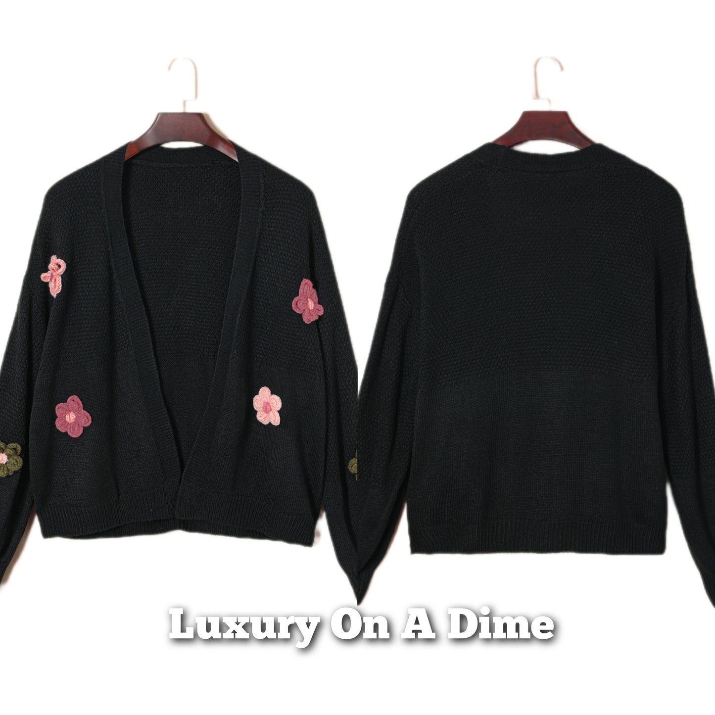 Oversized Crochet Daisy Flower Long Sleeve Open Front Waffle Knit Cardigan