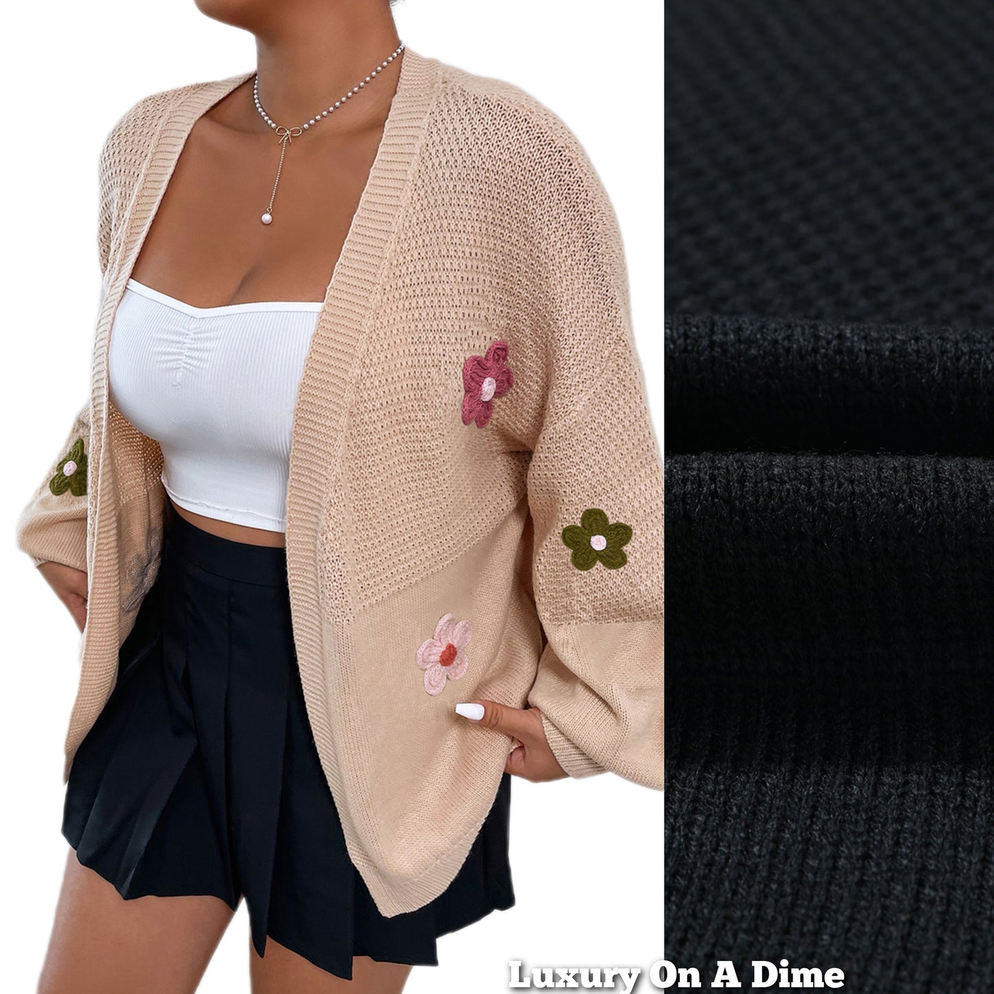 Oversized Crochet Daisy Flower Long Sleeve Open Front Waffle Knit Cardigan