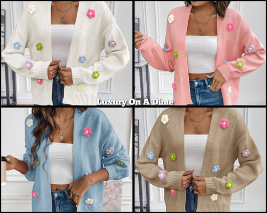 Colorful Crochet Daisy Flower Long Sleeve Open Front Waffle Knit Cardigan Sweater