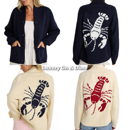 Contrasting Lobster Coastal Print Knit Cardigan Button Long Sleeve Patch Pocket