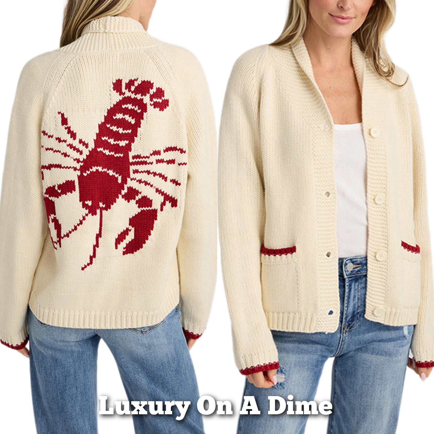 Contrasting Lobster Coastal Print Knit Cardigan Button Long Sleeve Patch Pocket