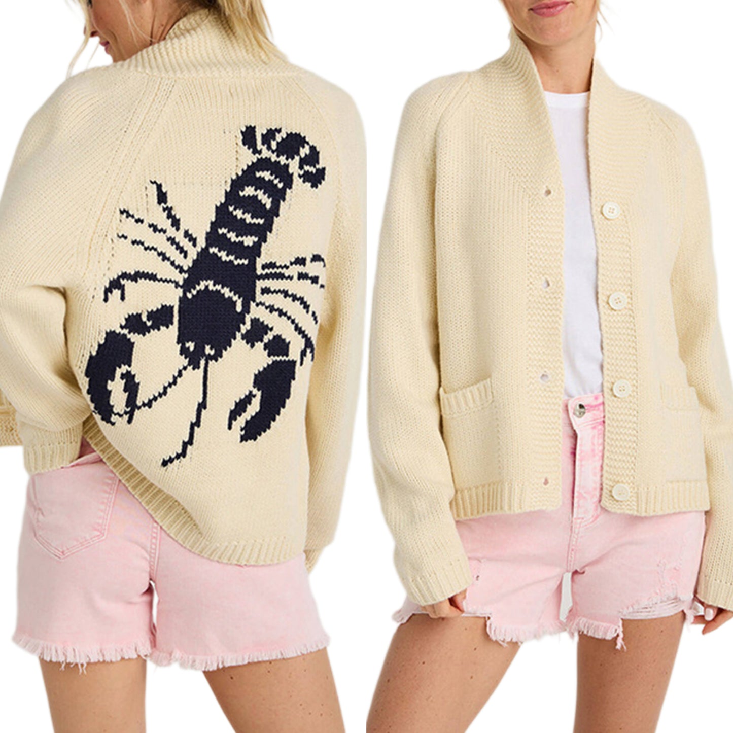 Contrasting Lobster Coastal Print Knit Cardigan Button Long Sleeve Patch Pocket