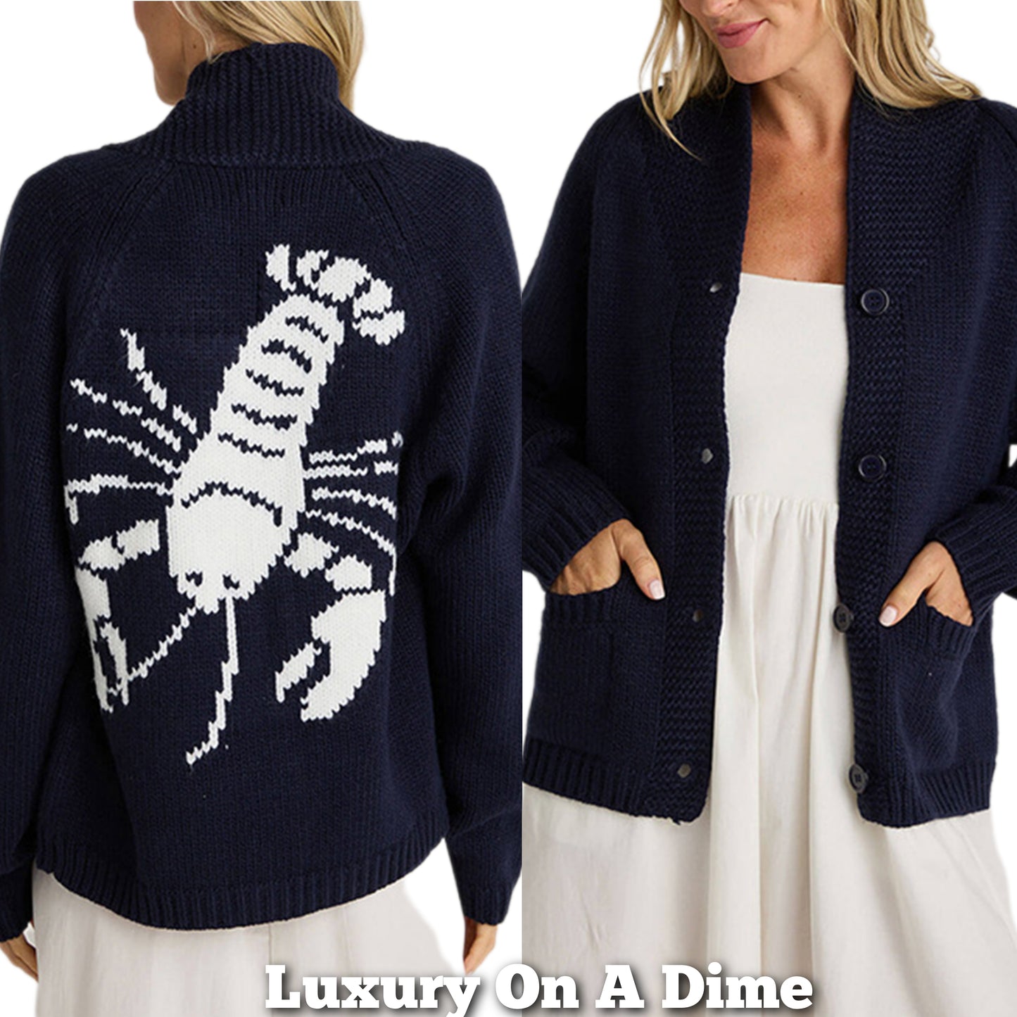 Contrasting Lobster Coastal Print Knit Cardigan Button Long Sleeve Patch Pocket