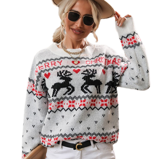 Reindeer Heart Knit Round Neck Holiday Long Sleeve Fair Isle Christmas Sweater