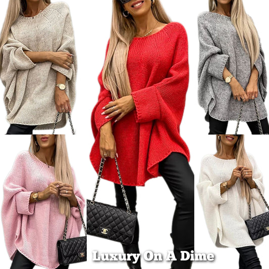 Oversized Knit Top Batwing Baggy Long Pullover Sweater Poncho Shirt Round Neck