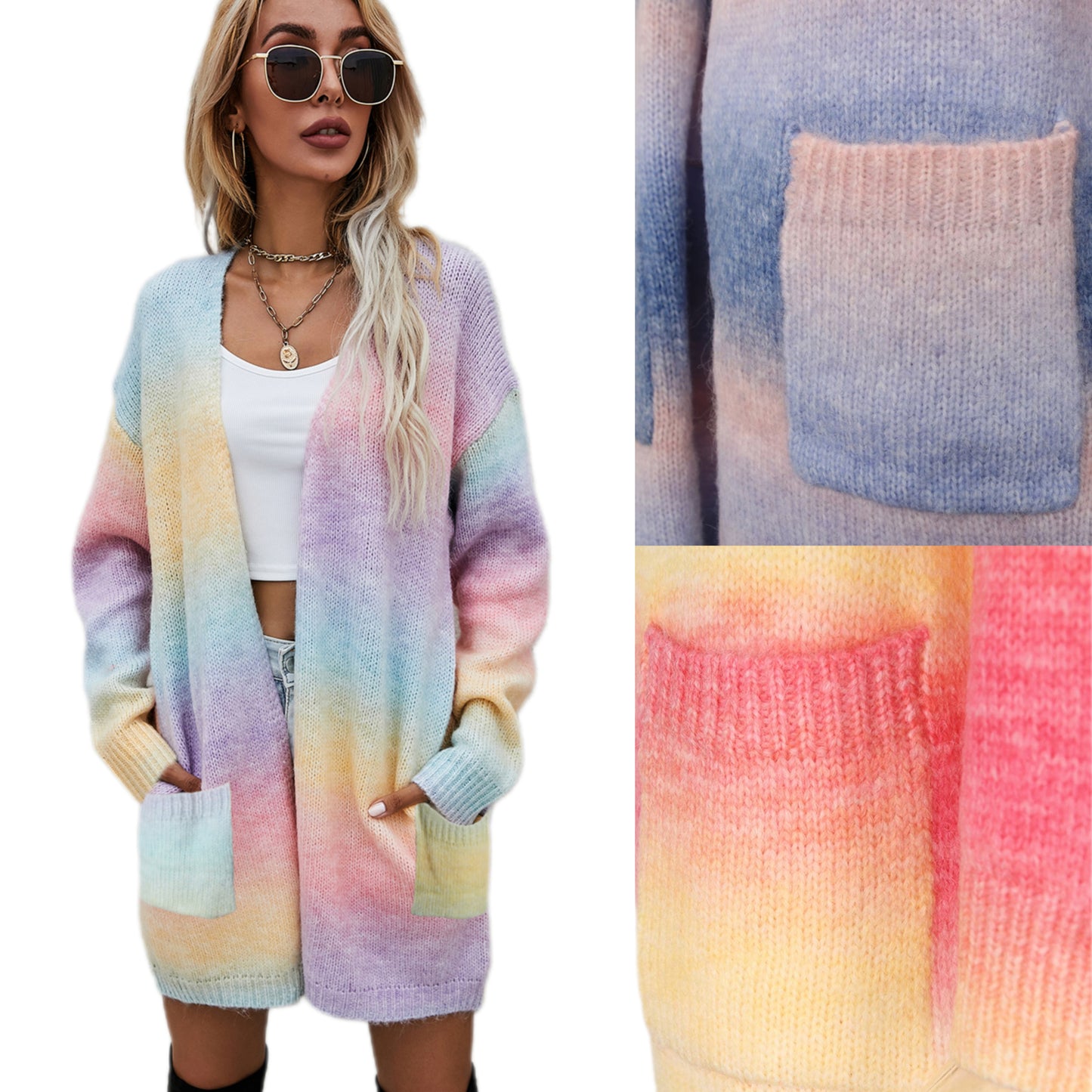 Retro Knit Longline Cardigan Colorful Ombre Patch Pocket Open Sweater Duster